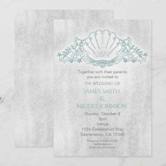 Bruiloft uitnodigingen met zeepaarden & schelpen (Voorkant / Achterkant)