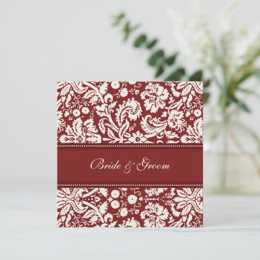 Bruiloft uitnodigingen Red Cream Damask (Staand voorkant)