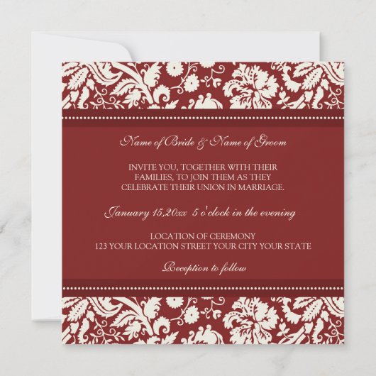 Bruiloft uitnodigingen Red Cream Damask (Achterkant)