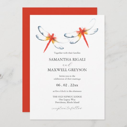 Bruiloft uitnodigingen Waterverf rode libel (Voorkant / Achterkant)