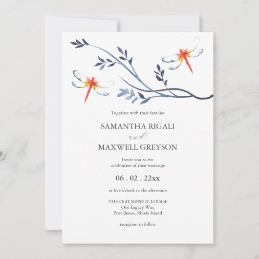 Bruiloft uitnodigingen Waterverf rode libel (Voorkant)