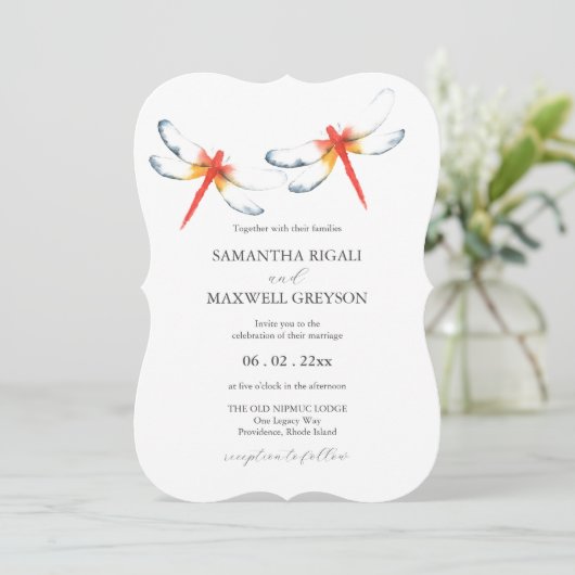 Bruiloft uitnodigingen Waterverf rode libel (Staand voorkant)