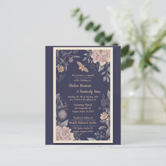 Bruiloft uitnodigingskaart Mot, Roos & Distel Briefkaart (Staand voorkant)