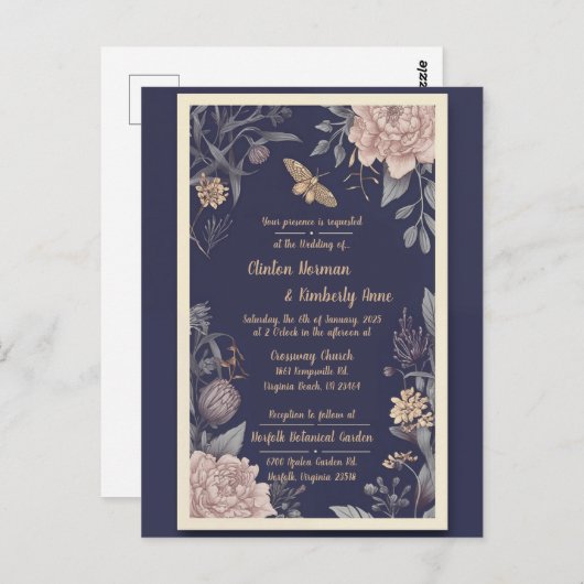 Bruiloft uitnodigingskaart Mot, Roos & Distel Briefkaart (Voorkant / Achterkant)