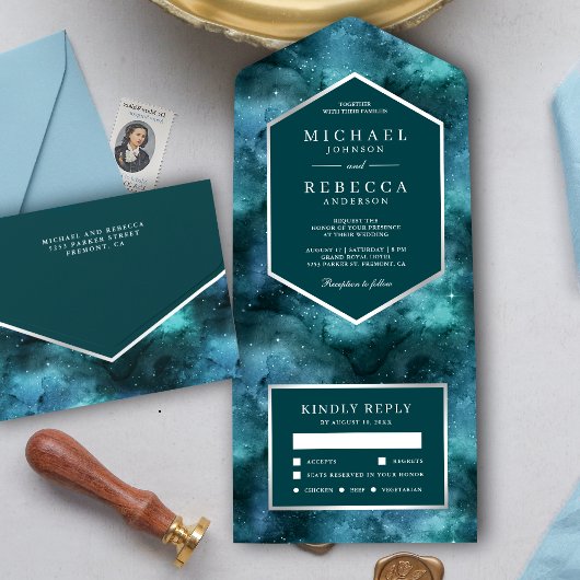 Bruiloft Universe Teal Stelsel All In One Uitnodiging
