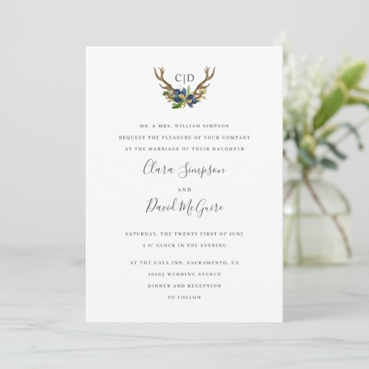 bruiloft van Bright Oak-monogram Acorn en Antlers Kaart (Staand voorkant)