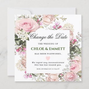 Bruiloft Verander de datum Pink Floral Kaart