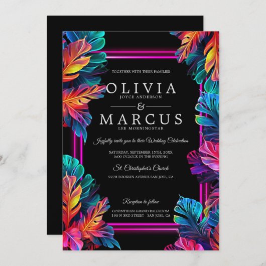 Bruiloft | Verbluffende neon tropisch gebladerte2 Kaart (Voorkant / Achterkant)