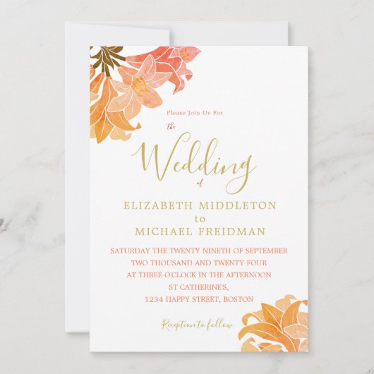 Bruiloft verbrande Sinaasappel bloemenelegant Kaart (Voorkant)