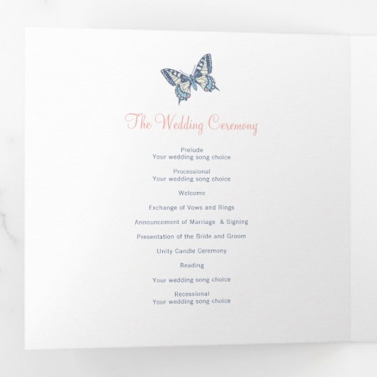 Bruiloft vernieuwingsprogramma koraal donkerblauwe drieluik programma (Binnenzijde eerst)