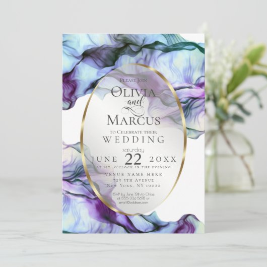 BRUILOFT | Vibrant Blauwgroen plum Abstract Ink Kaart (Staand voorkant)