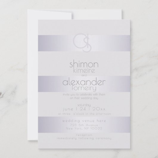 Bruiloft | Violet-Silver Shimmer Stripe Monogram3 Kaart (Voorkant)