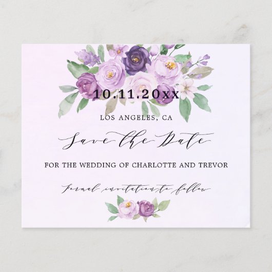 Bruiloft violette bloemen budget sparen de datum (Voorkant)