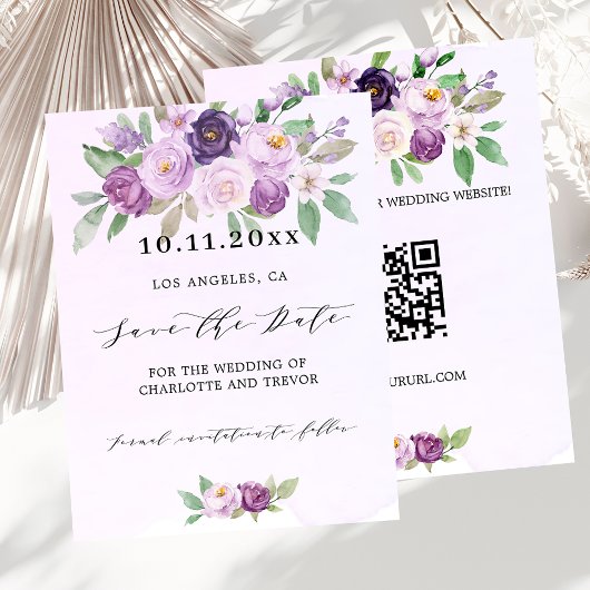 Bruiloft violette bloemen QR code budget bewaar de Flyer