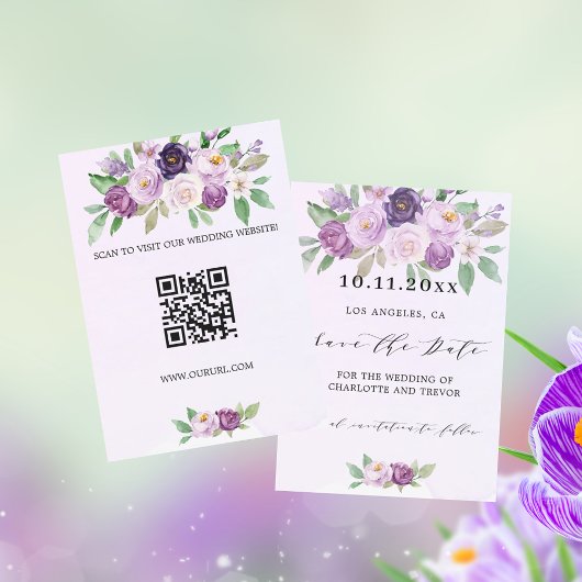 Bruiloft violette bloemen QR code website Save The Date