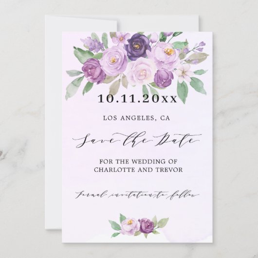 Bruiloft violette bloemen QR code website Save The Date (Voorkant)