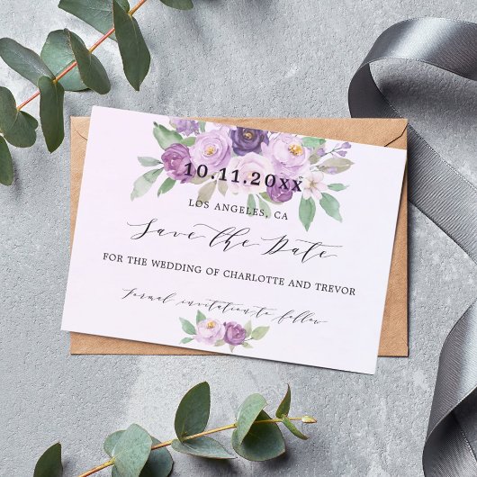 Bruiloft violette bloemen save the date