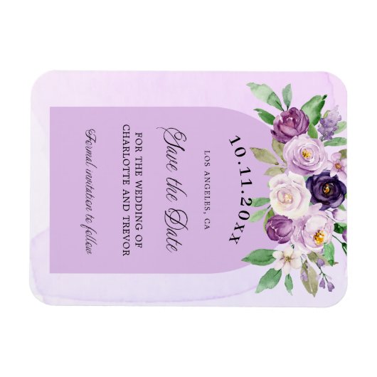 Bruiloft violette paarse bloemen boog script magneet (Horizontaal)