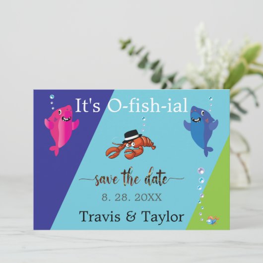 Bruiloft Vis Thema Kreeft Mobster Save the Date Kaart (Staand voorkant)