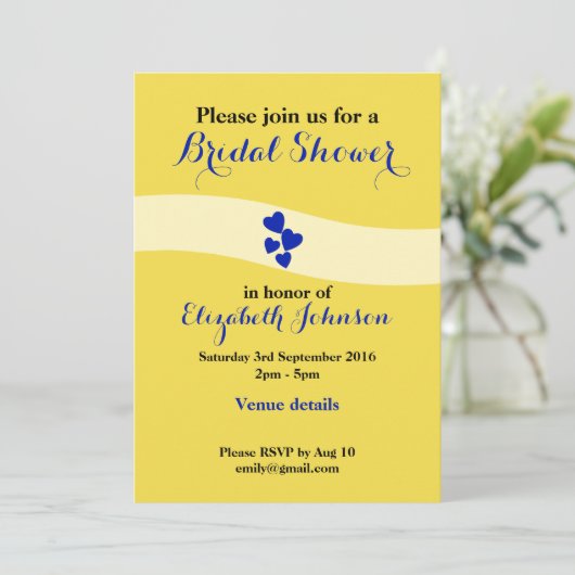 Bruiloft vrijgezellenfeest geel en blauw met harte kaart (Staand voorkant)