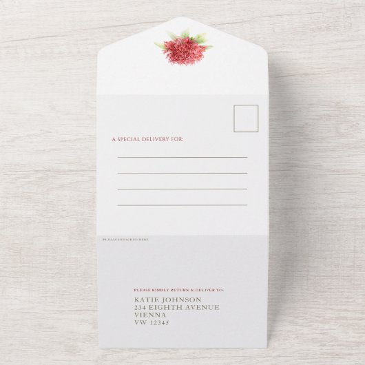 Bruiloft waratah bloem waterverf foto maaltijd RSV All In One Uitnodiging (Buitenkant)