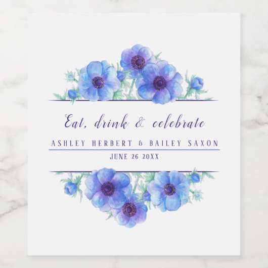 Bruiloft waterverf blauw anemoon bloemenwijn label wijn etiket (Enkel label)