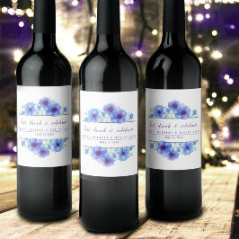 Bruiloft waterverf blauw anemoon bloemenwijn label wijn etiket