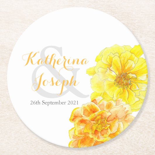 Bruiloft waterverf bloem goudsbloem papier onderze ronde kartonnen onderzetter (Voorkant)