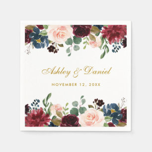 Bruiloft Waterverf Bloemen Bourgondië Blauw Goud Servet