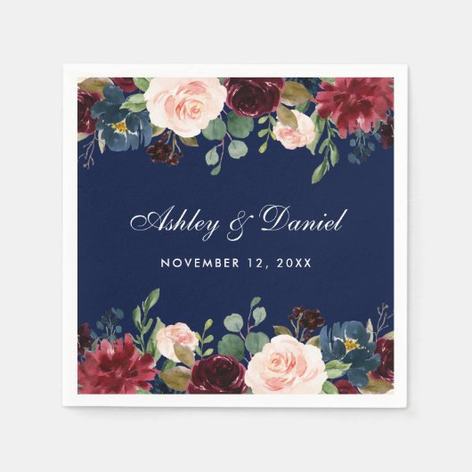 Bruiloft Waterverf Bloemen Bourgondië Blauw Servet (Voorkant)