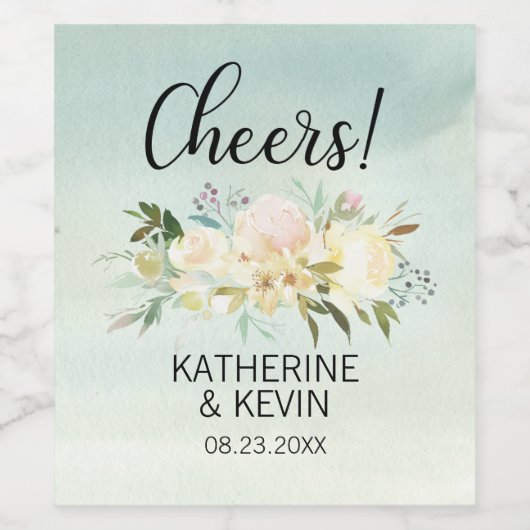 Bruiloft Waterverf Bloemen Roze Groen PROOST! Wijn Etiket (Enkel label)