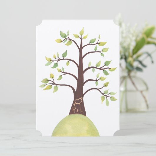 Bruiloft Waterverf Boom Initialen Gesneden in Trun Kaart (Staand voorkant)