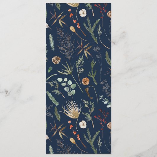 Bruiloft waterverf botanische bloemen marineblauw menu (Achterkant)