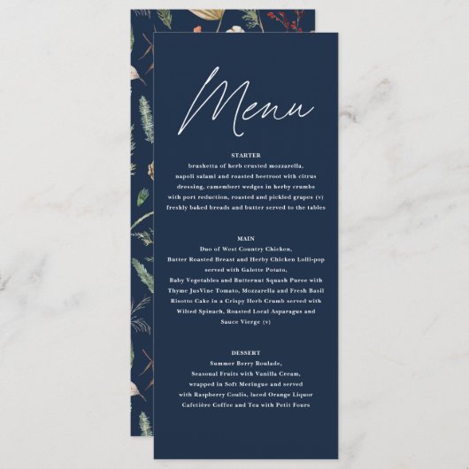 Bruiloft waterverf botanische bloemen marineblauw menu (Voorkant / Achterkant)