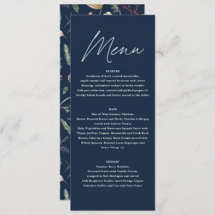Bruiloft waterverf botanische bloemen marineblauw menu