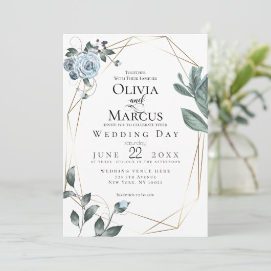 BRUILOFT | Waterverf Dusty Blue Floral Kaart (Staand voorkant)