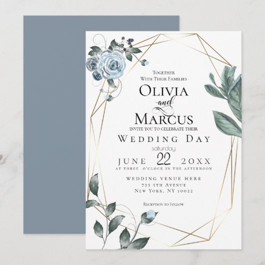 BRUILOFT | Waterverf Dusty Blue Floral Kaart (Voorkant / Achterkant)