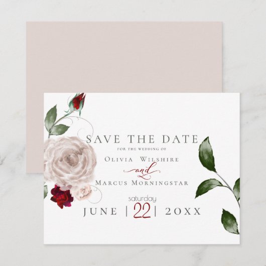 BRUILOFT | Waterverf Dusty Roos en Merlot Floral Save The Date (Voorkant / Achterkant)