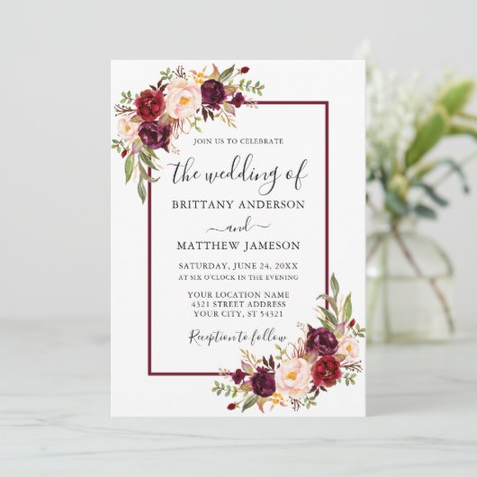 Bruiloft Waterverf Floral Bourgondië Foto Kaart (Staand voorkant)