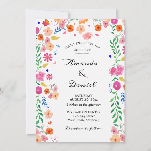 Bruiloft Waterverf Folk Floral Garden Invitation Kaart (Voorkant)