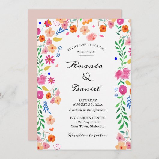 Bruiloft Waterverf Folk Floral Garden Invitation Kaart (Voorkant / Achterkant)