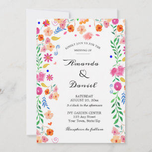 Bruiloft Waterverf Folk Floral Garden Invitation Kaart