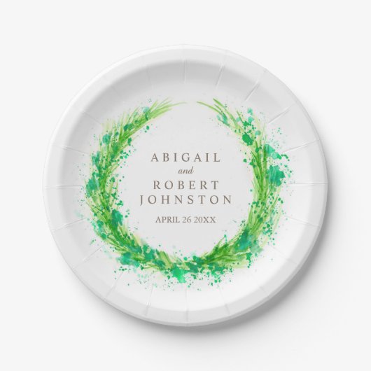 Bruiloft waterverf krans gepersonaliseerd papier b papieren bordje (Voorkant)
