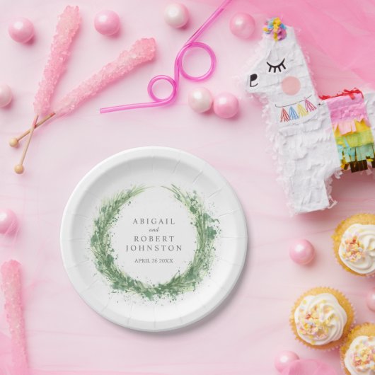 Bruiloft waterverf krans gepersonaliseerde salie g papieren bordje (Feest)