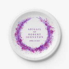 Bruiloft waterverf paarse krans namen papier bord
