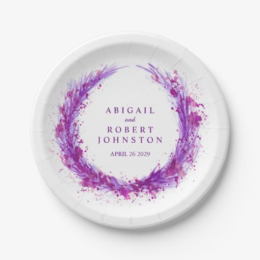 Bruiloft waterverf paarse krans namen papier bord (Voorkant)