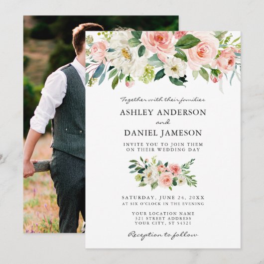 Bruiloft Waterverf Roze Bloemen Foto Terug Kaart (Voorkant / Achterkant)