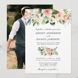 Bruiloft Waterverf Roze Bloemen Foto Terug Kaart