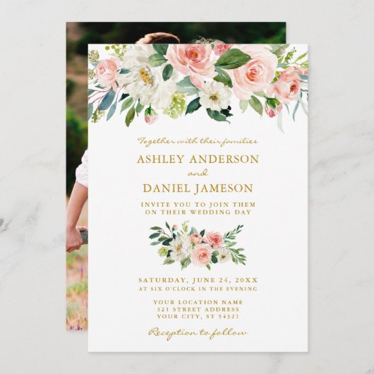 Bruiloft Waterverf Roze Bloemen Goud Foto Kaart (Voorkant / Achterkant)