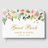 Bruiloft Waterverf Roze Blush Bloemen Goud Gastenboek (Voorkant)